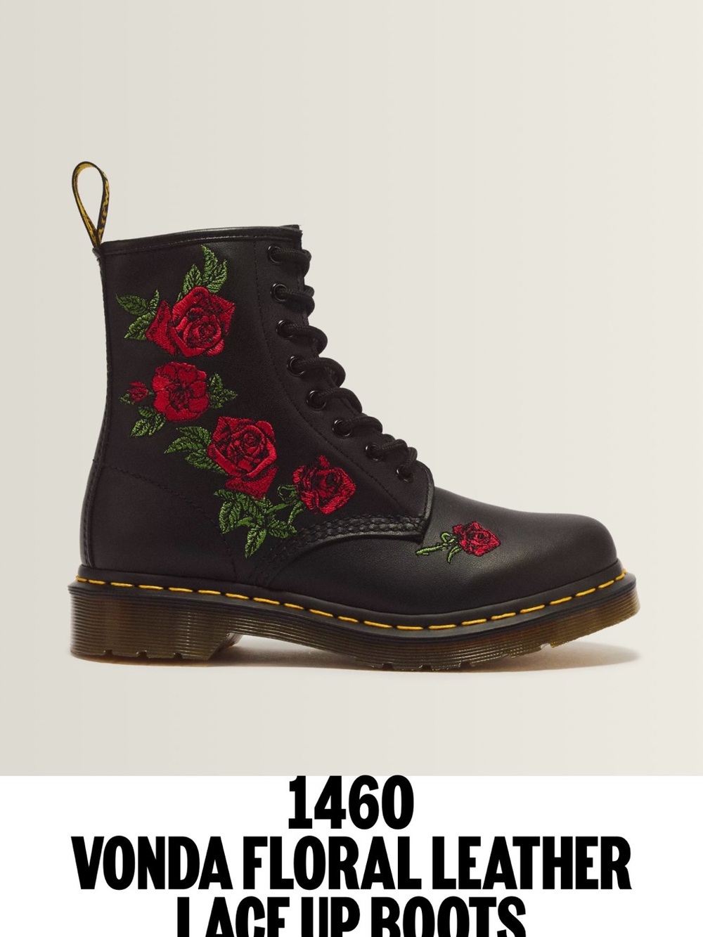 Dr. Martens Black Leather Lace-Up Boots with Red Rose Embroidery